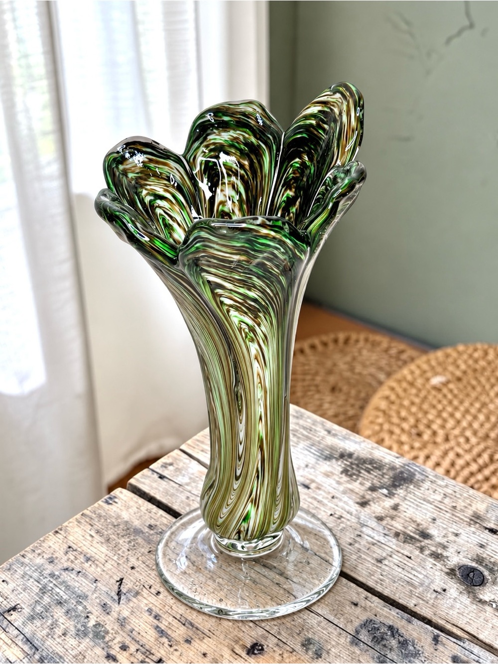 Vintage Art Glass Vase Swirl Marbled Ruffled Flower Green Art Deco Organic 9”